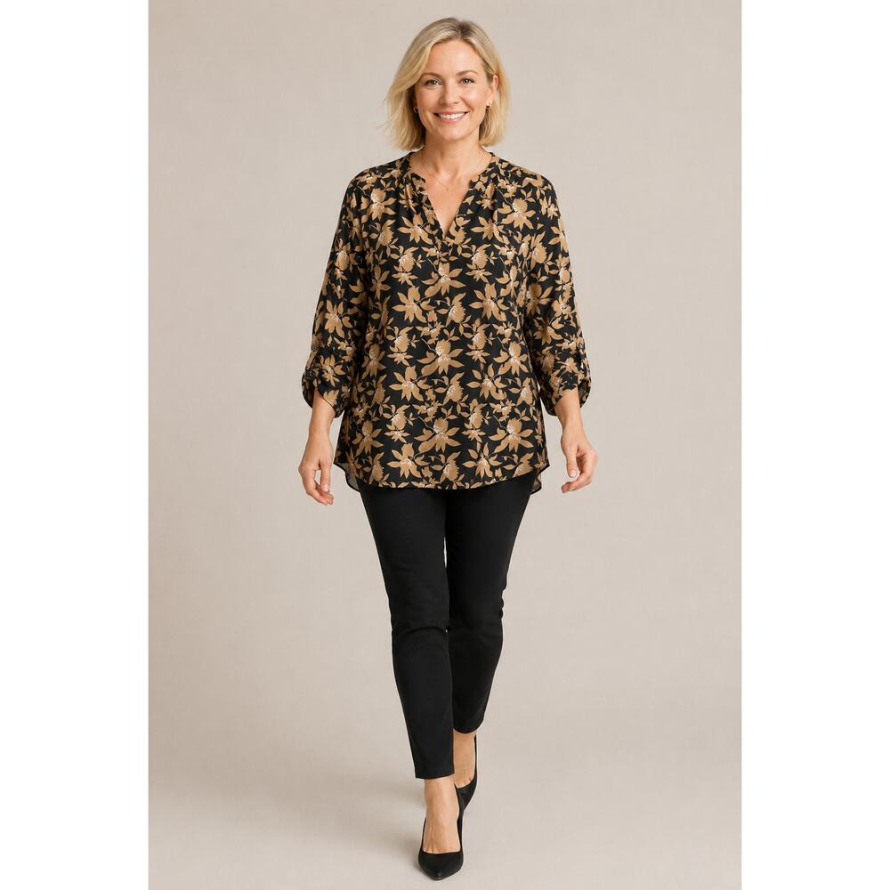 LR2201 Maurices Women’s 1X Black Tan Floral Blouse Roll Tab Sleeve Plus Size Top